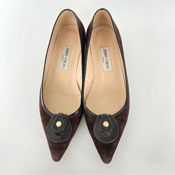 JIMMY CHOO Brown Suede w Leather Accent Close Pointy Toe Slip On Flats Sz 39 1/2